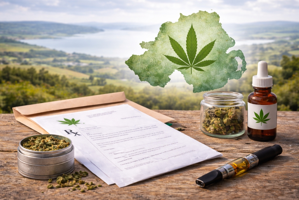 Medical cannabis prescription alongside dried cannabis flower, oil and vape, with the outline of Northern Ireland in the background
