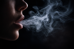 Person exhaling cannabis smoke showing how smoke passes through the mouth and throat