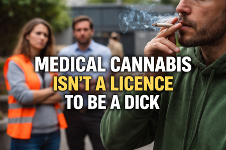 Man smoking cannabis in public while others nearby react to the smell