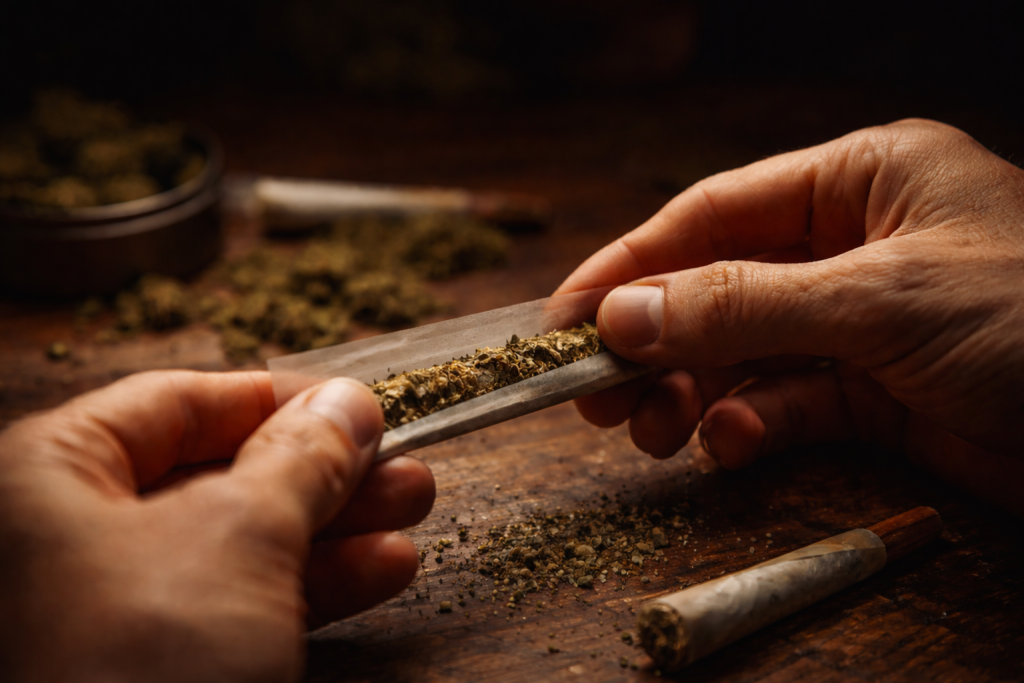 hands rolling cannabis joint