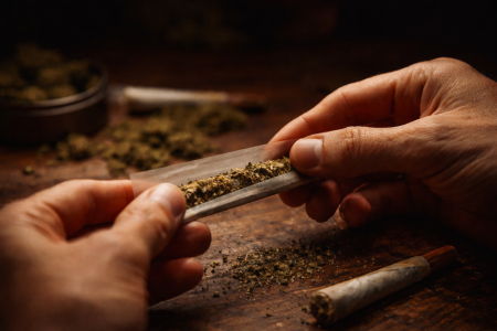 hands rolling cannabis joint