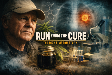 Portrait of Rick Simpson with a jar of dark cannabis oil and laboratory imagery from the documentary Run From The Cure